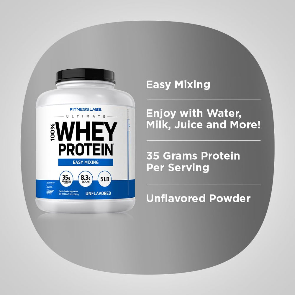 Fitness Labs whey protein scoop and powder suggest quick serving.