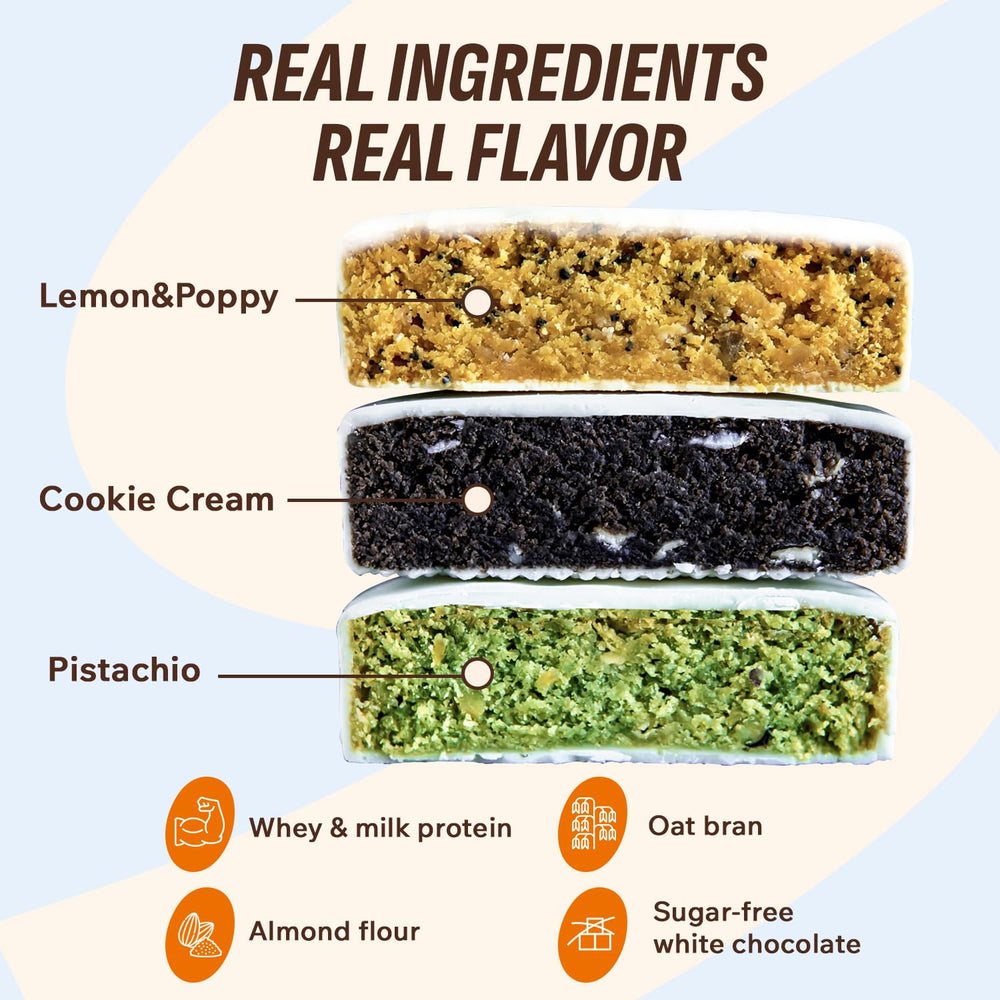 FitnesSHOCK white chocolate dessert brownie bars lemon-poppy – bright citrus note for an afternoon treat.