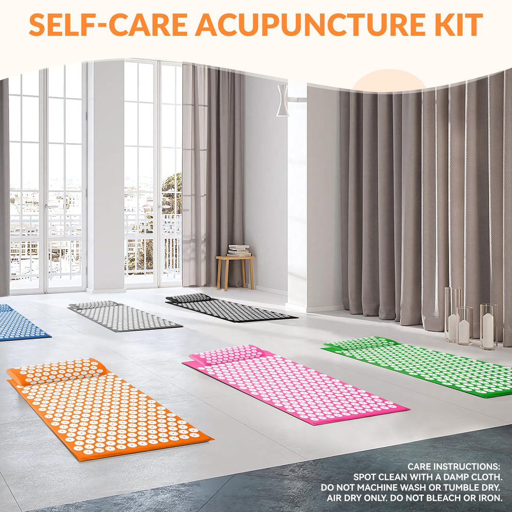 Fitvids acupressure mat orange in-use demonstrates portable massage.
