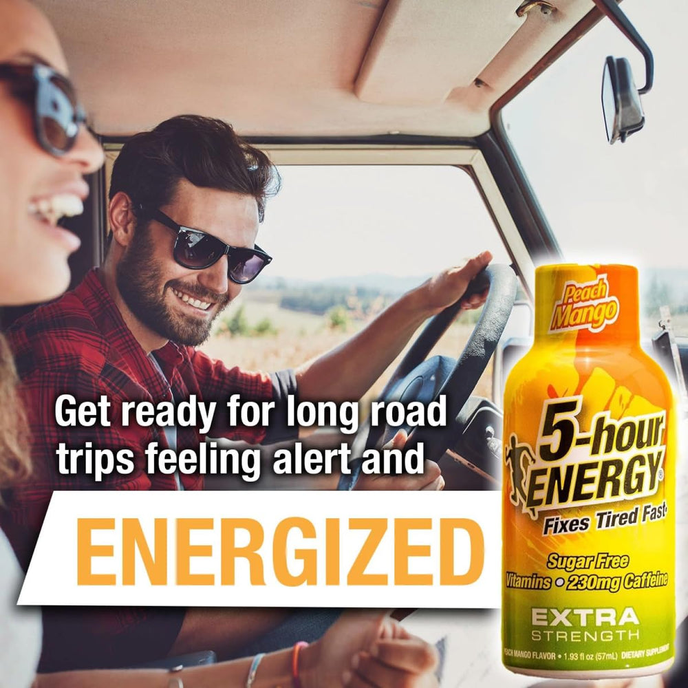Five-hour Energy 230 mg caffeine shot illustration emphasizing fast alertness.