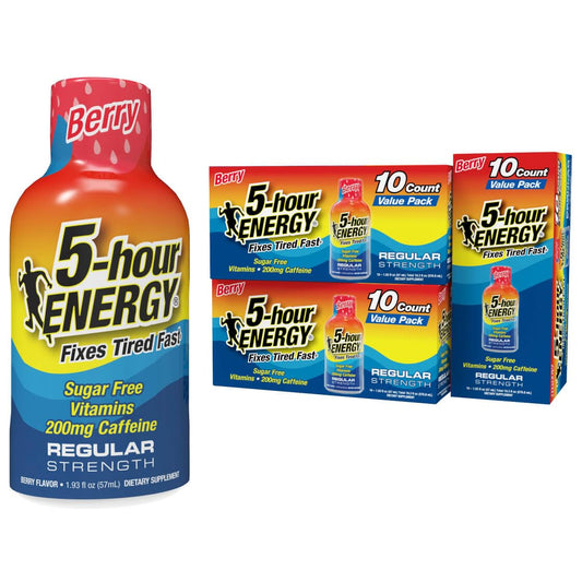 Five-hour ENERGY Berry Shot bottle front view highlighting zero sugar for clean energy.
