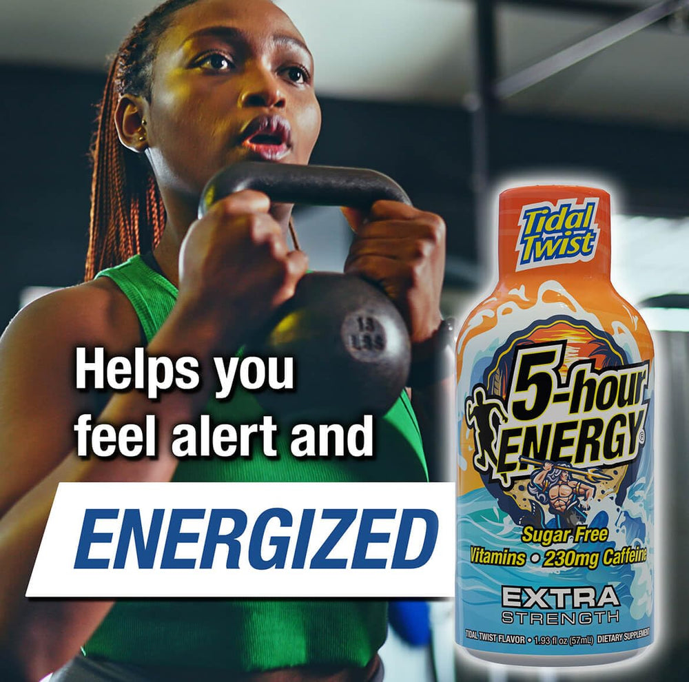 Front of the 5-hour ENERGY Extra Strength box highlighting zero sugar and 230 mg caffeine