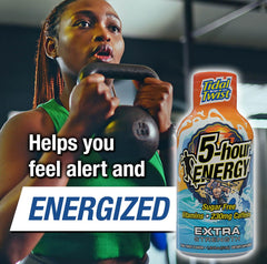 Front of the 5-hour ENERGY Extra Strength box highlighting zero sugar and 230 mg caffeine