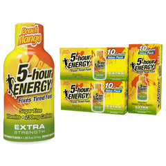 Five-hour Energy Extra Strength Peach Mango bottle ready for a quick morning boost.