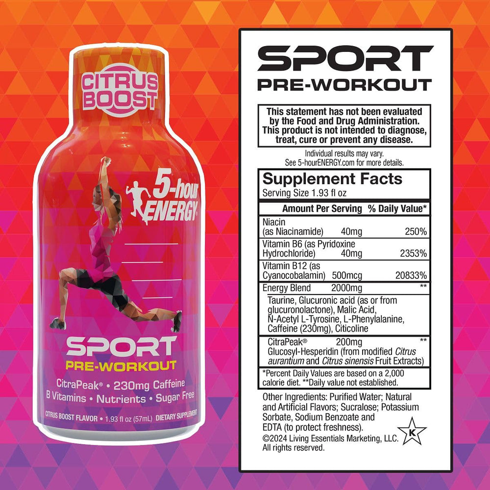 Five-Hour Energy Citrapeak pour bottle shows fast-acting energy for training.