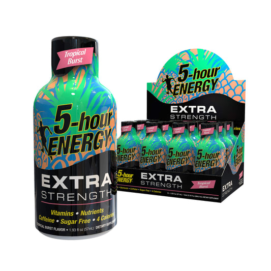 Five-hour Energy Extra Strength Tropical Burst front view bottle for quick daytime energy