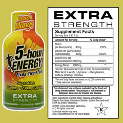 Five-hour Energy Peach Mango shot packaging close-up highlighting zero-calorie design.