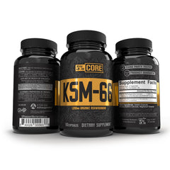 Five Percent Nutrition Core KSM-66 Ashwagandha capsules close-up for daily support.