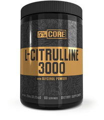 Five Percent Nutrition Core L-Citrulline 3000 bottle pour highlights hydration and NO2 potential.