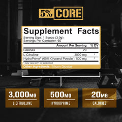 Five Percent Nutrition Core L-Citrulline 3000 label close-up shows pure L-Citrulline content.
