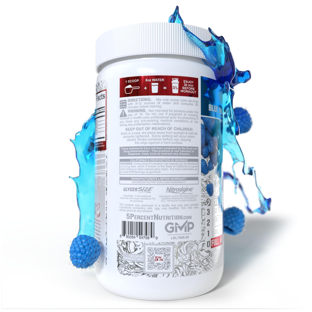 Blue raspberry FullAF being poured into a shaker for workout performance