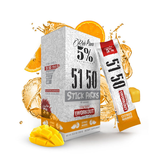 5% Nutrition Rich Piana 5150 packets label for high-stim pre-workout.