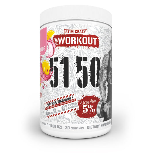 Five Percent Nutrition Rich Piana 5150 pink lemonade tub boosts energy for intense workouts.
