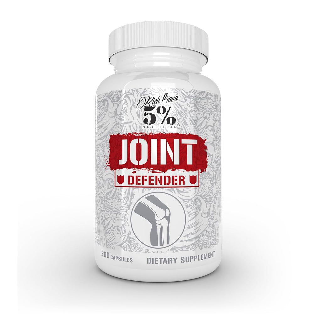 Five Percent Nutrition Rich Piana Joint Defender bottle front highlights potent joint support for active training.