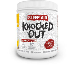 5% Nutrition Rich Piana Knocked Out tub front with honey lemon flavor for bedtime rituals.