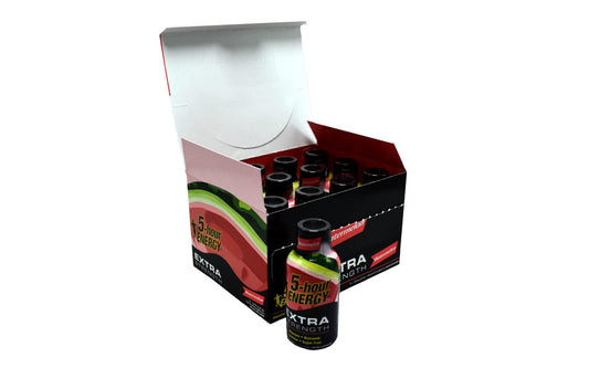 Five-hour Energy Watermelon extra strength 12-pack front view boosts on-the-go focus.