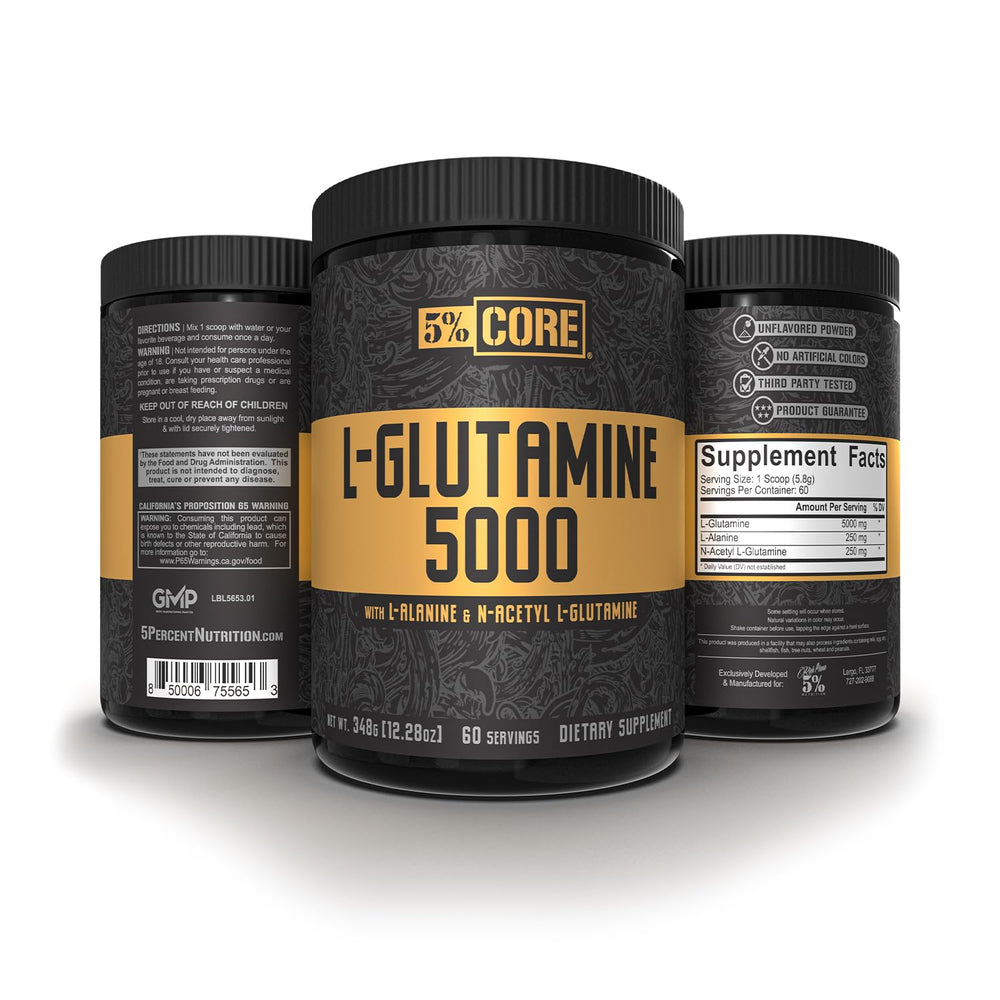 Five Percent Nutrition Core L-Glutamine pour demonstrates easy dosing and rapid uptake.