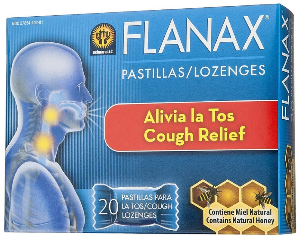 Flanax cough relief lozenges pack offering soothing throat support for everyday use.