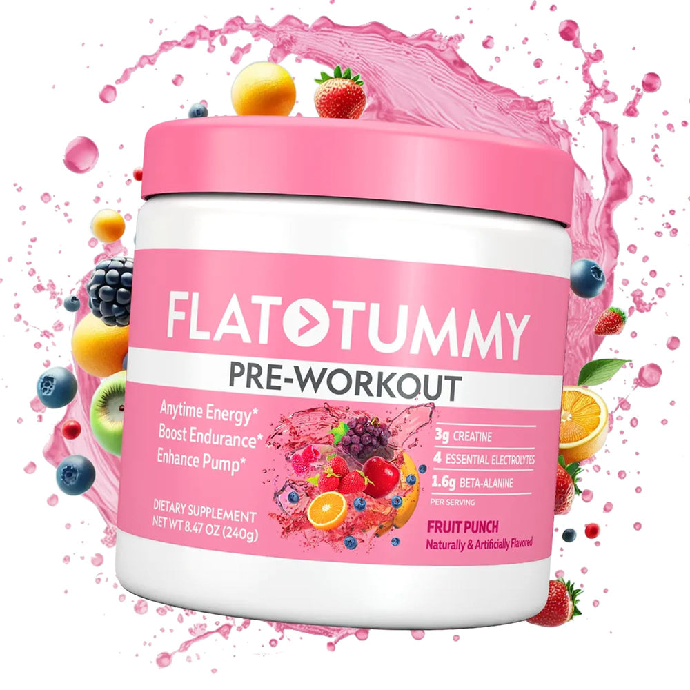 Flat Tummy Pre Workout Watermelon front jar shows energy-boosting formula.