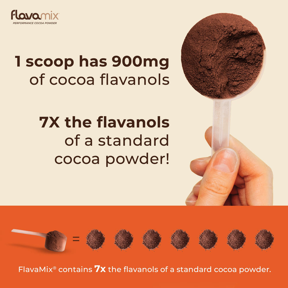 FlavaNaturals FlavaMix powder on kitchen counter beside smoothie for easy adding to meals.