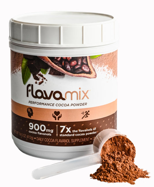 FlavaNaturals FlavaMix cocoa powder jar highlighting rich antioxidants for heart and brain support.