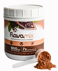 FlavaNaturals FlavaMix cocoa powder jar highlighting rich antioxidants for heart and brain support.