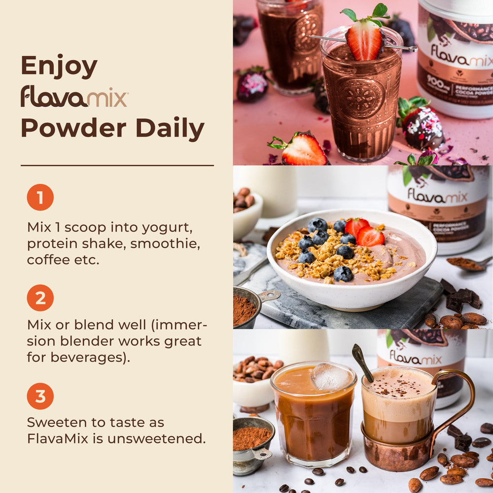 FlavaNaturals FlavaMix powder in box highlights plant-based, zero sugar formulation for clean fueling.