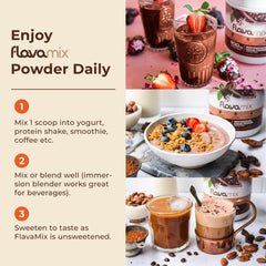 FlavaNaturals FlavaMix powder in box highlights plant-based, zero sugar formulation for clean fueling.