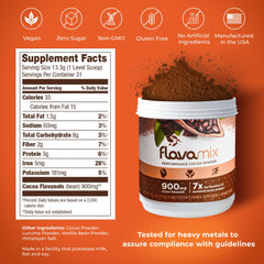 FlavaNaturals FlavaMix cocoa powder label shows 900mg flavanols per serving for flavor and benefits.