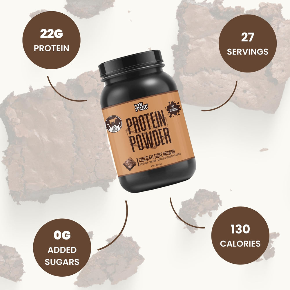 Pouring Flex Brands Whey Protein Chocolate Fudge Brownie into a shaker
