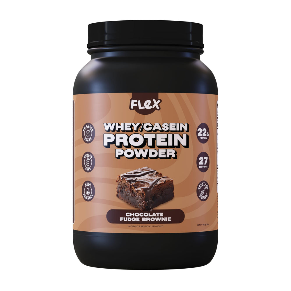 Flex Brands Whey Protein Chocolate Fudge Brownie tub for protein-packed meals