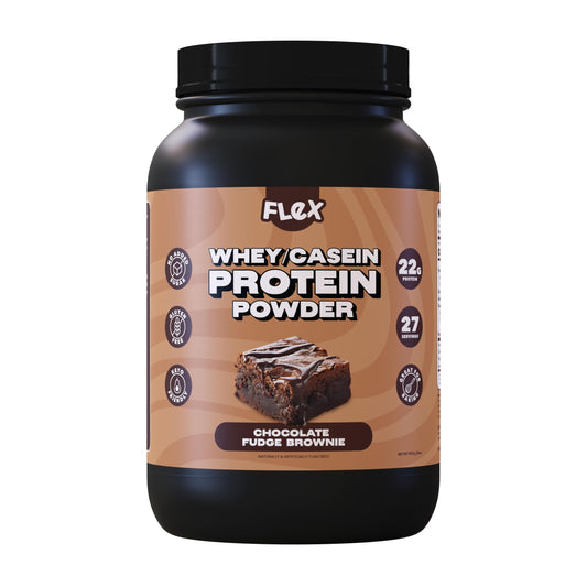 Flex Brands Whey Protein Chocolate Fudge Brownie tub for protein-packed meals