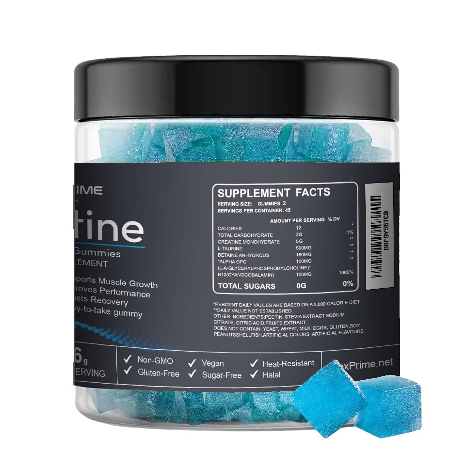 Close-up of FlexPrime Creatine Gummies shows 3g per gummy dosing