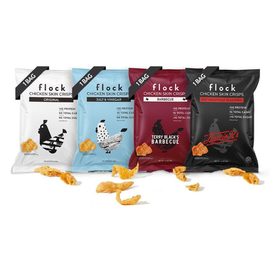 Flock Keto Chicken Skin Chips Original flavor bag, crisp keto-friendly snack