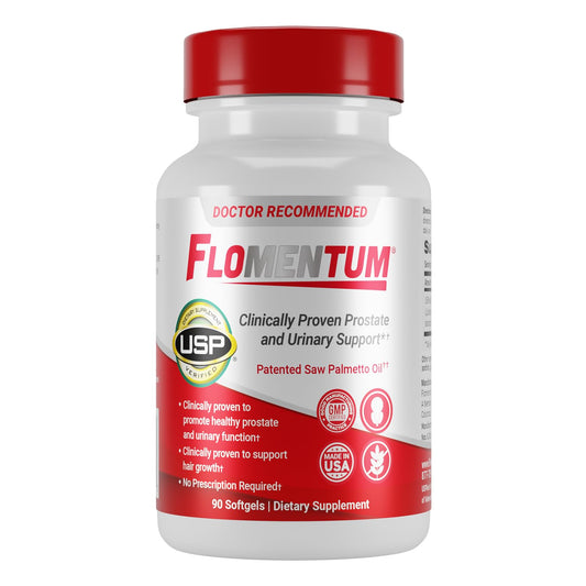 Flomentum saw palmetto bottle with USP Verified label indicating prostate support potential.