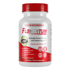Flomentum saw palmetto bottle with USP Verified label indicating prostate support potential.
