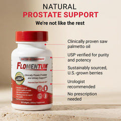 Flomentum bottle close-up highlighting the USP Verified certification and purity.