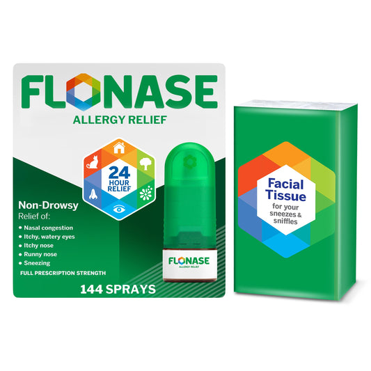 Flonase allergy relief nasal spray bottle offers 24-hour non-drowsy congestion relief