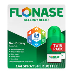Flonase balance bottle pour demonstrates easy daily dosing for allergy relief.