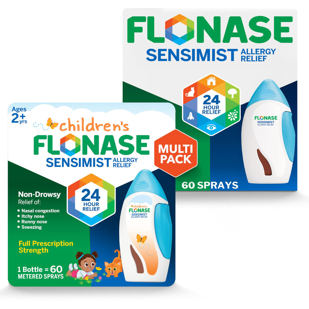 Flonase Sensimist family pack with two 60-spray bottles for adults and kids.