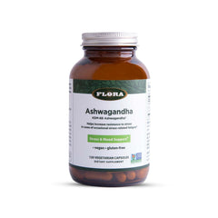 Flora Ashwagandha KSM-66 bottle shown for stress support and daily vitality.