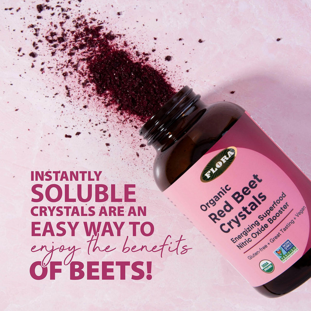 Flora Beet crystals heat-free extraction label visible on pack.