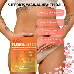 Flora Bites Gummies closeup label, vegan and gluten-free formula for everyday wellness.