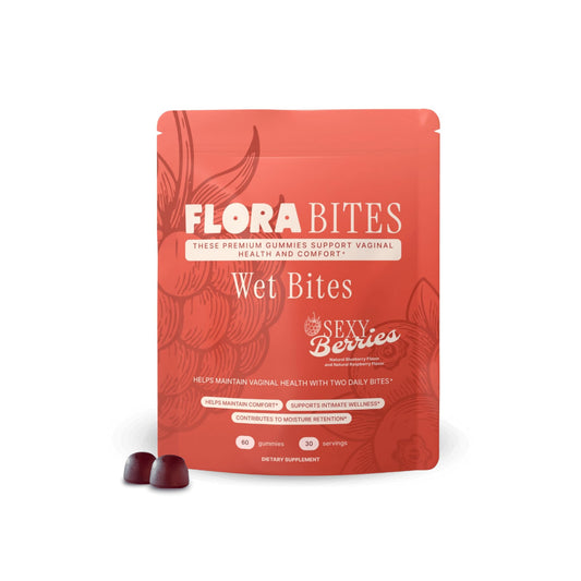 Flora Bites vaginal dryness gummies bottle offers discreet daily hydration support