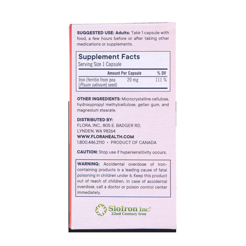 Close-up of Flora Ferritin+ vegan capsules, indicating vegan-friendly supplement.