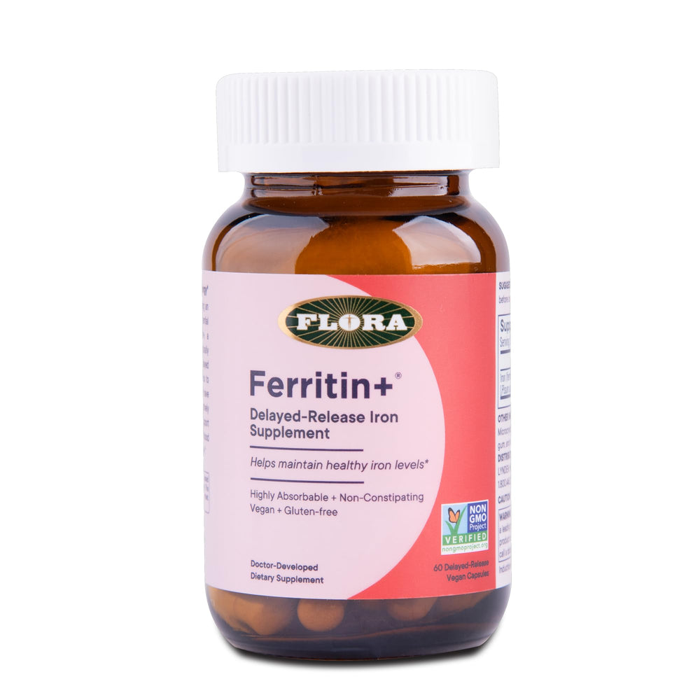Flora Ferritin+ bottle front shows plant-based iron support for daily energy.
