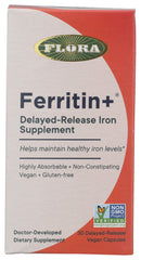 Flora Ferritin+ capsules close-up, plant-based iron for daily energy support.