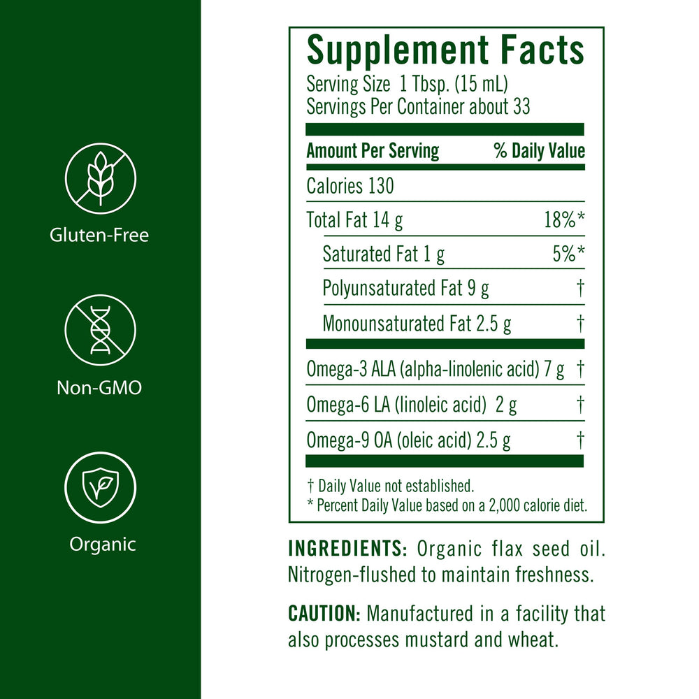 Flora flax oil amber glass bottle close-up showing pure organic quality