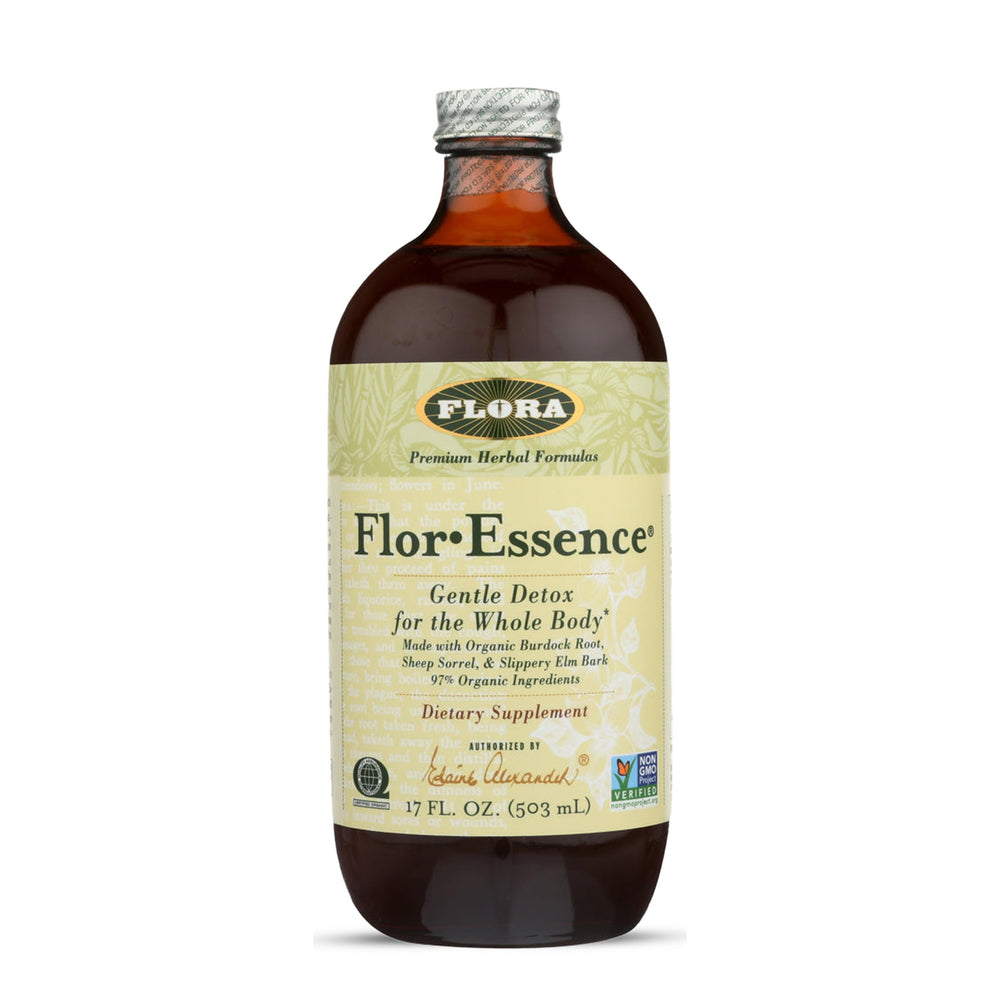 Flora Flor-Essence bottle pour showing a gentle daily herbal ritual