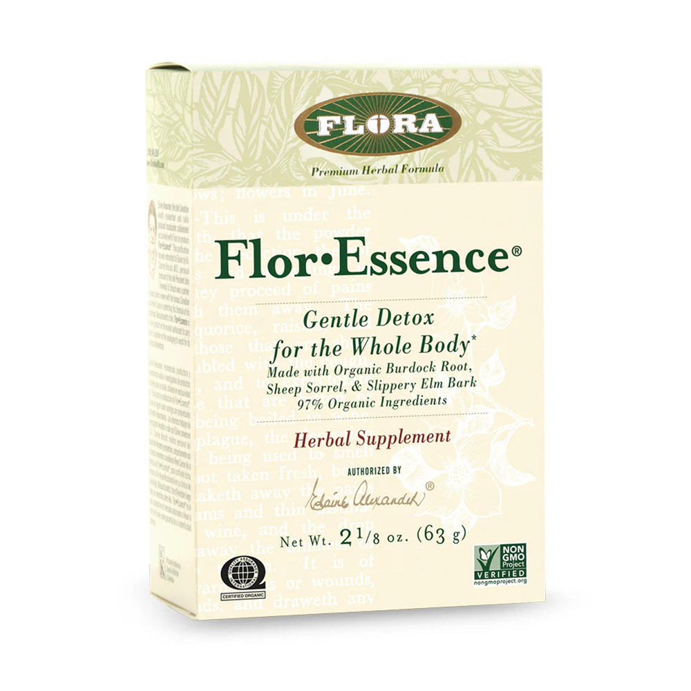 Flora FlorEssence dry tea blend bottle shows earthy herbs for daily detox rituals.